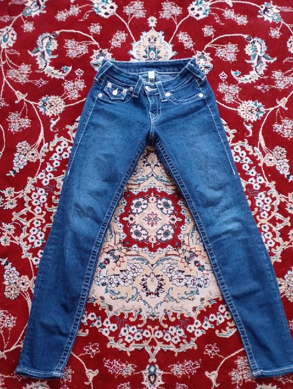 True Religion Denim Skinny Jeans Dark Blue Indigo White Stitch Section Leggings - Picture 6 of 11